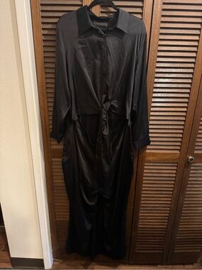 Foxblood Tie Front Black Satin Jumpsuit 2X EUC